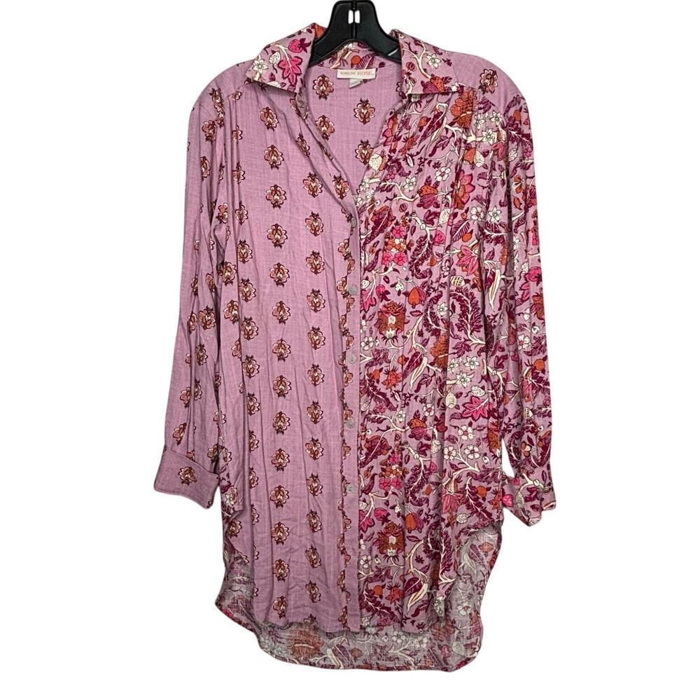 Knox Rose Floral Button Down Boho Long Sleeve Tunic Shirt Size XS